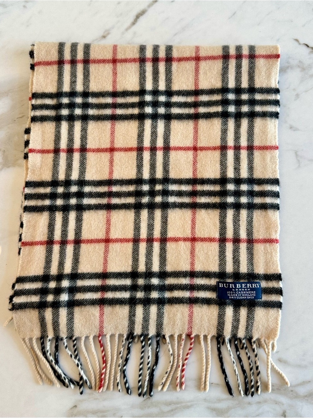 Burberry Beige Plaid 100% Cashmere Scarf with Black and Red Trim Unisex